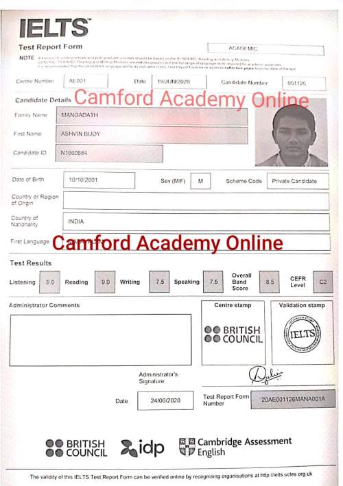 Camford IELTS Kerala - Ashvin scores 7.5 in his IELTS Acdemic module. Camford IELTS Kerala.